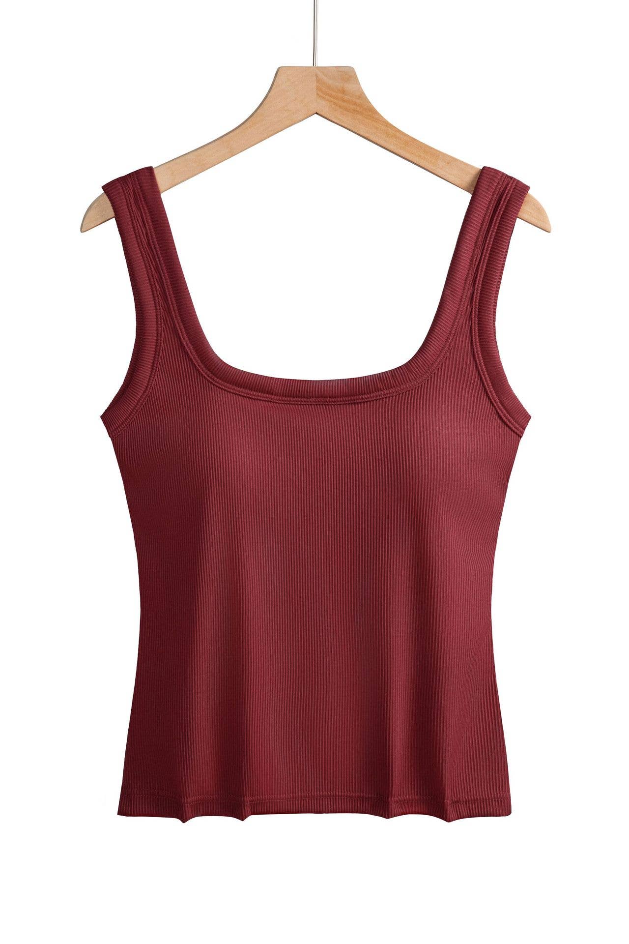 Red Ribbed Square Neck W/ Built-in Tank Top-185836