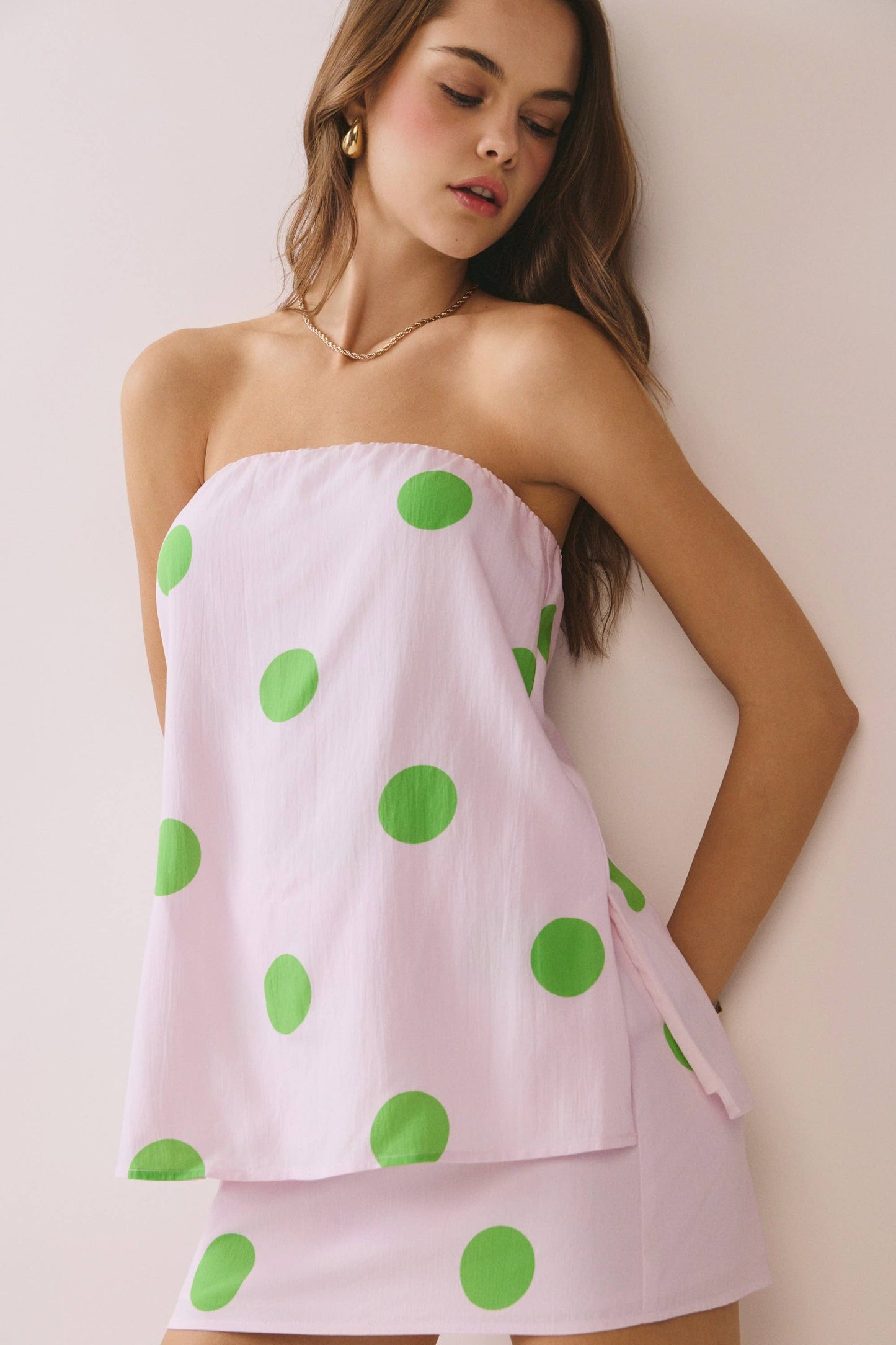 Pink w/ Green Polka Dot  Strapless Top-143957