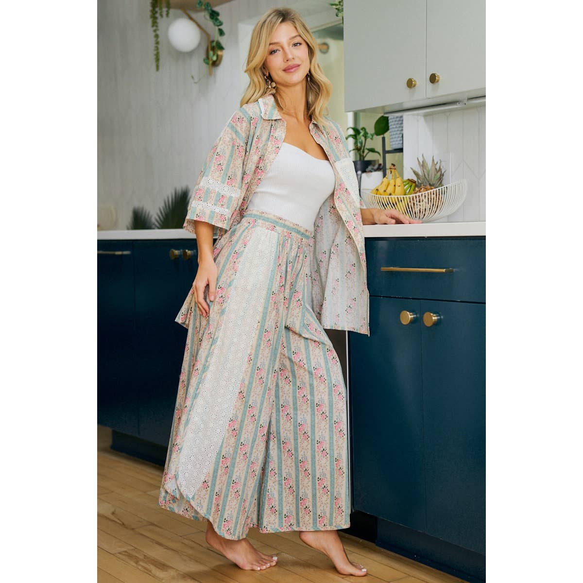 Teal w/ Pink Floral Eyelet Side Wide Leg Pants-141889