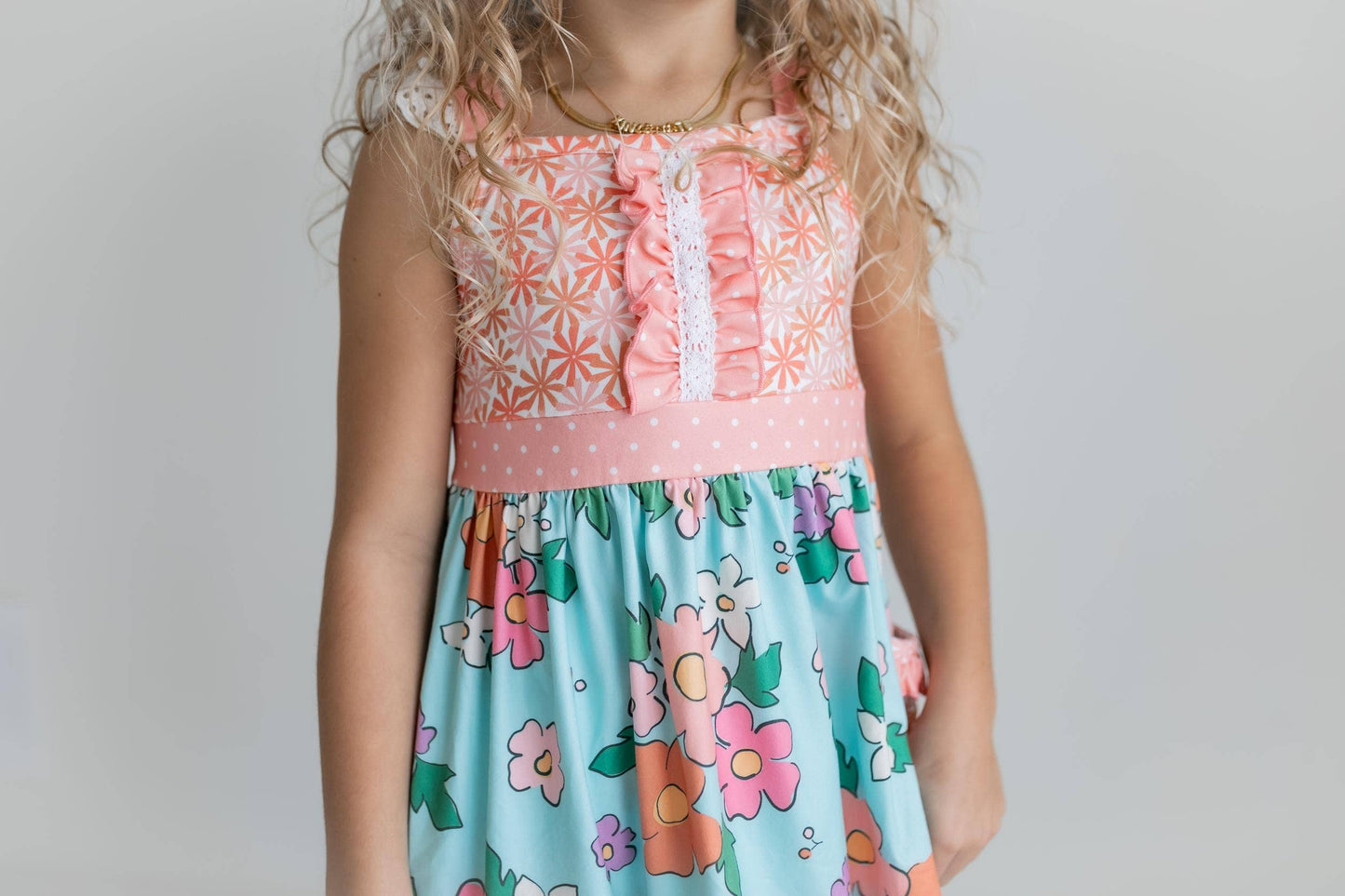 Girls Peach & Teal Floral Stripe Ruffle Lace Top and Capri Set-173611