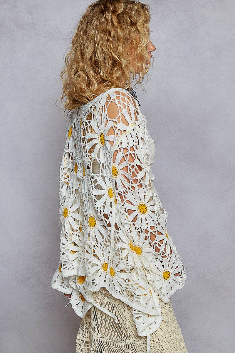 White Daisy Crochet Knit Open Cardigan-150398