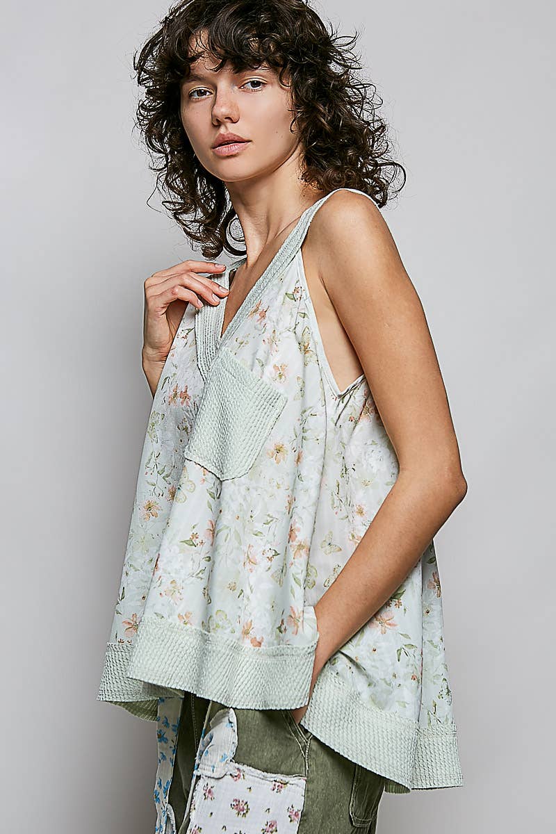 Sage Floral Print V-Neck Rib Patch Sleeveless Top-141768