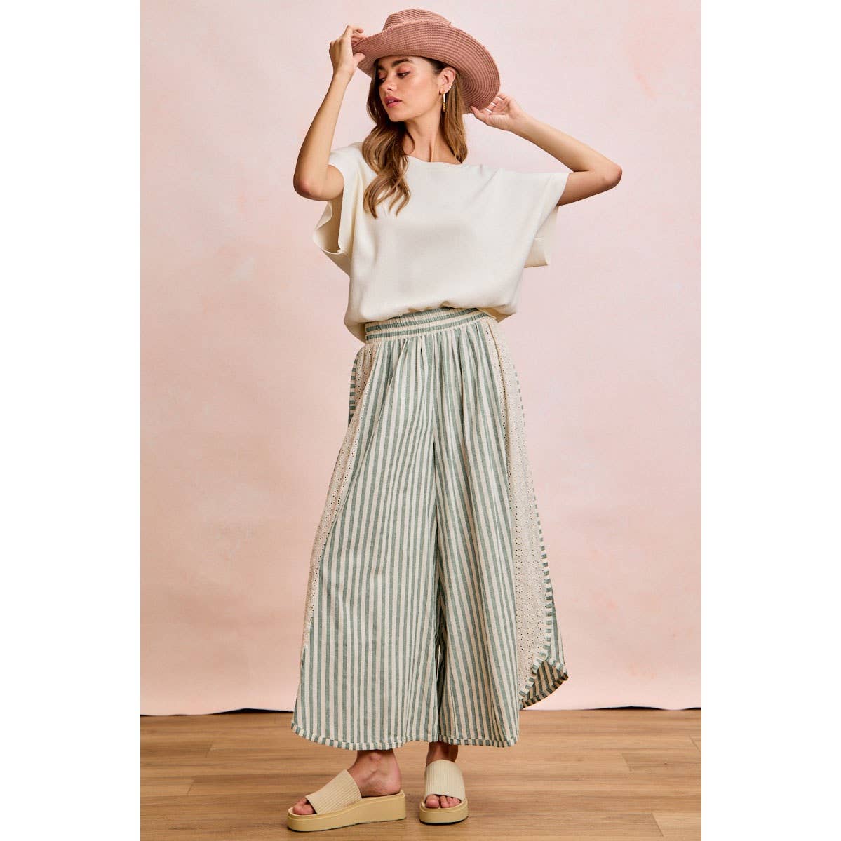 Black and White Stripe and Eyelet Side Wide Leg Pants-131889
