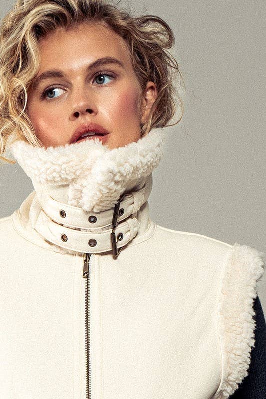 Ivory Sherpa Lined Cropped Biker Western Vest