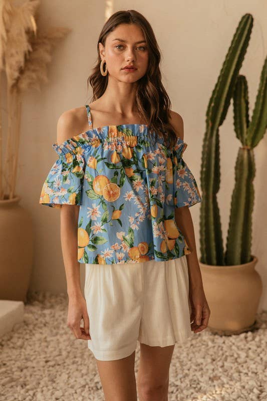 Blue Off Shoulder Lemon Print Top-146093