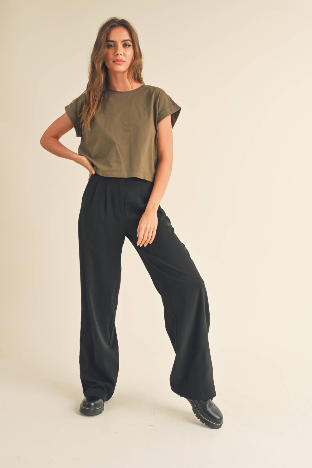 Olive Cuffed Short Sleeve Shirt-142263