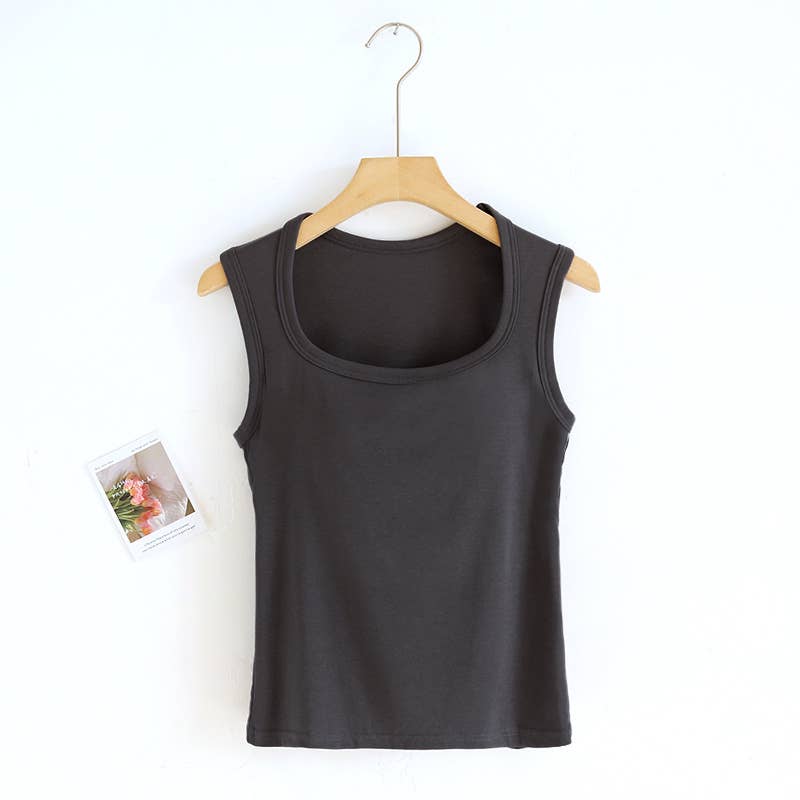 Charcoal Queen-Anne Neck Built-In Bra Tank Top-184405