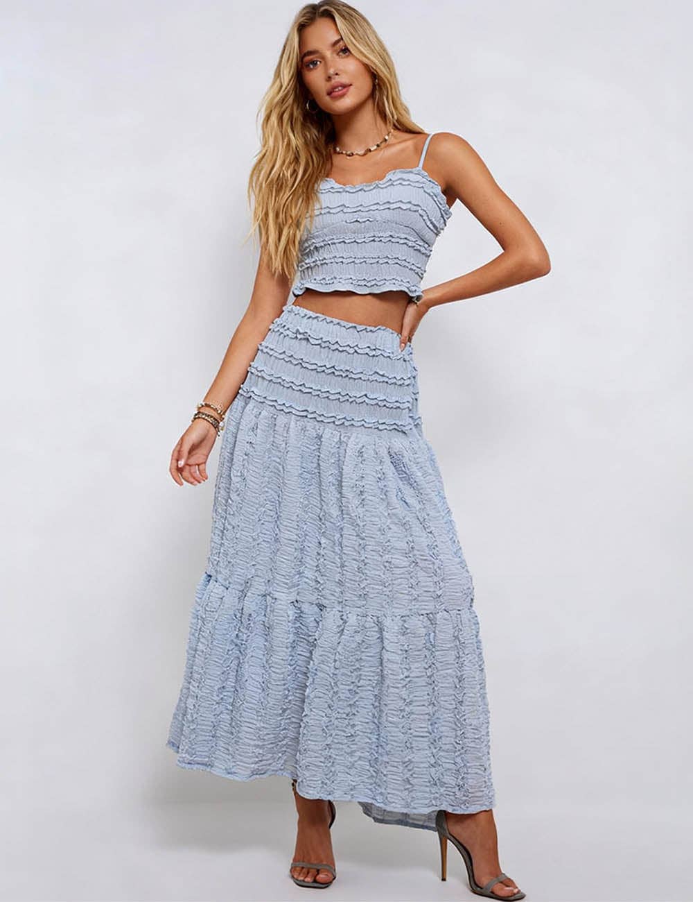Misty Blue Romantic Tiered Maxi Skirt-133488