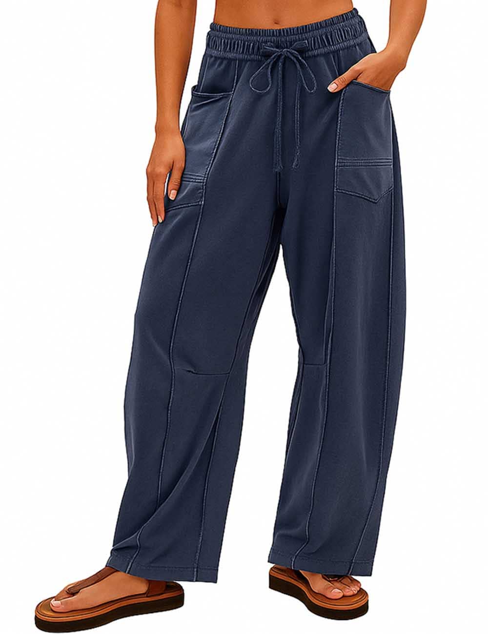 Navy Contrast Stitching Ladies Barrel Pants-138433