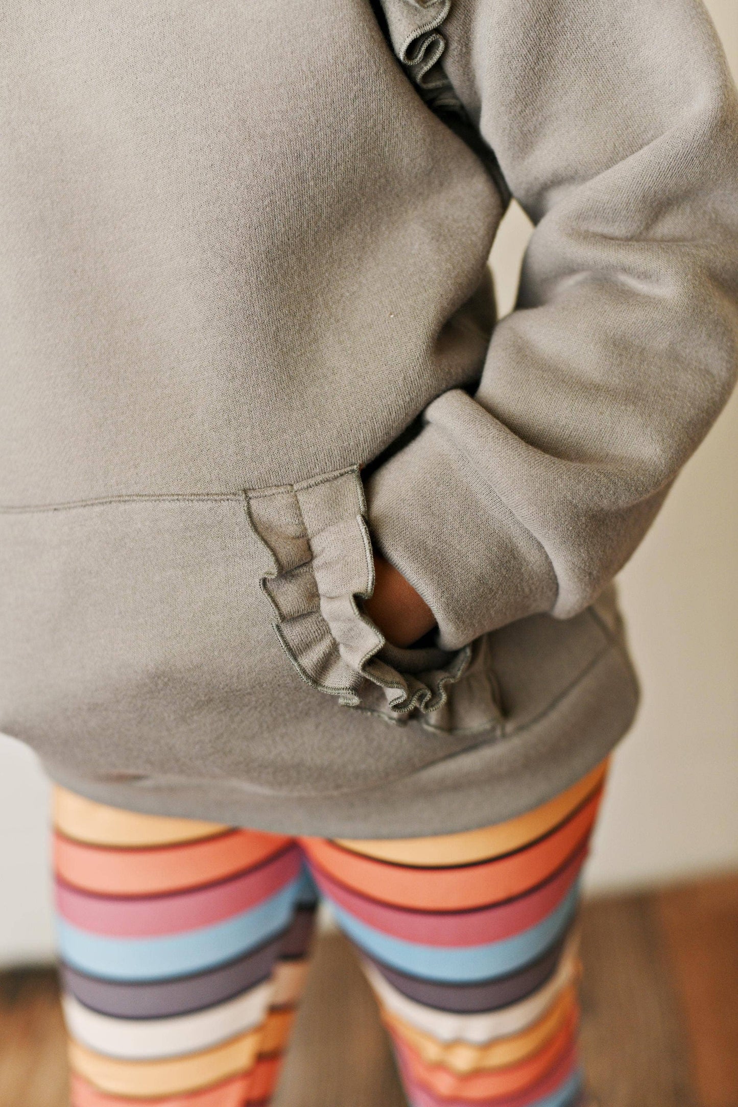 Gray Ruffle Hoodie and Rainbow Stripe Leggings Set