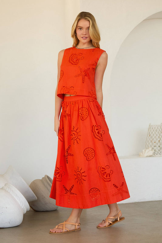 Coral Seaside Embroidered Eyelet Sleeveless Top-147469
