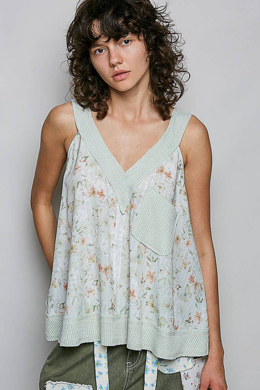 Sage Floral Print V-Neck Rib Patch Sleeveless Top-141768