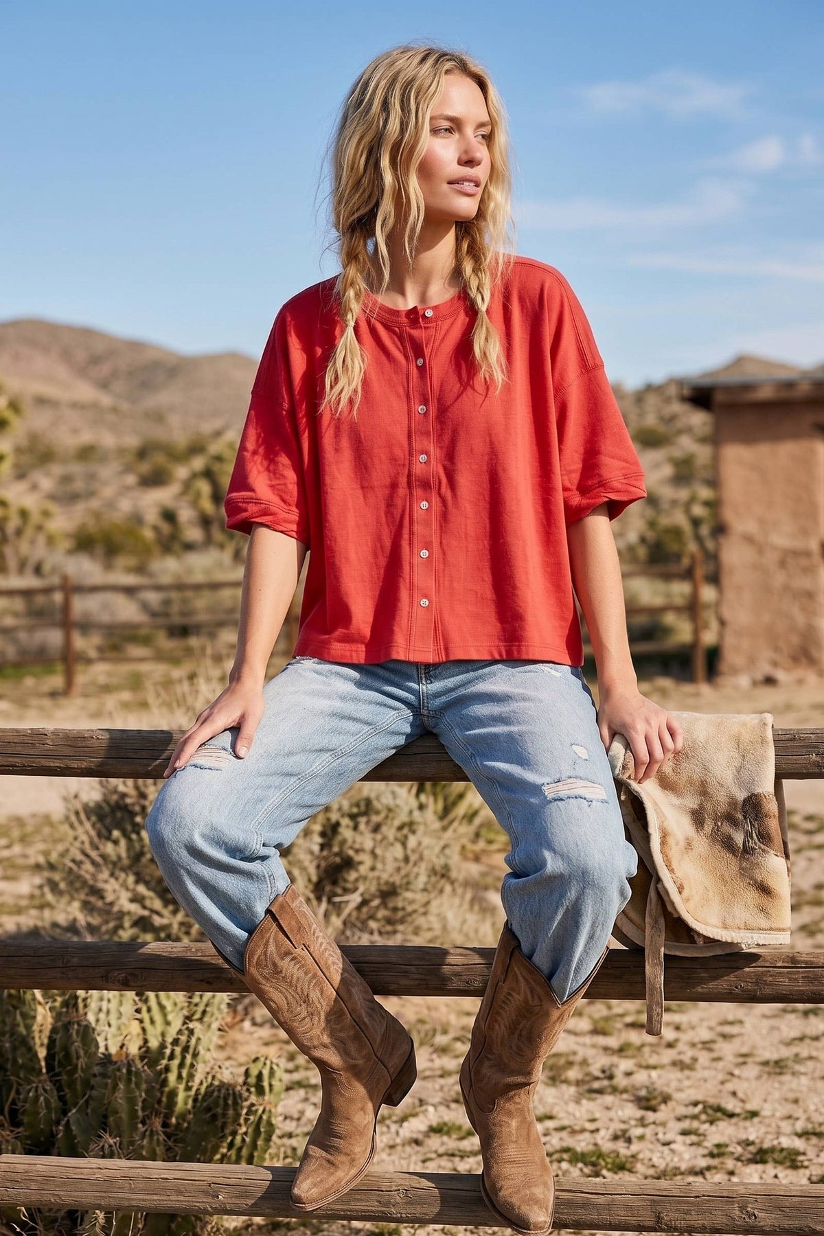 Red Oversized Button Front Lightweight Top-142283