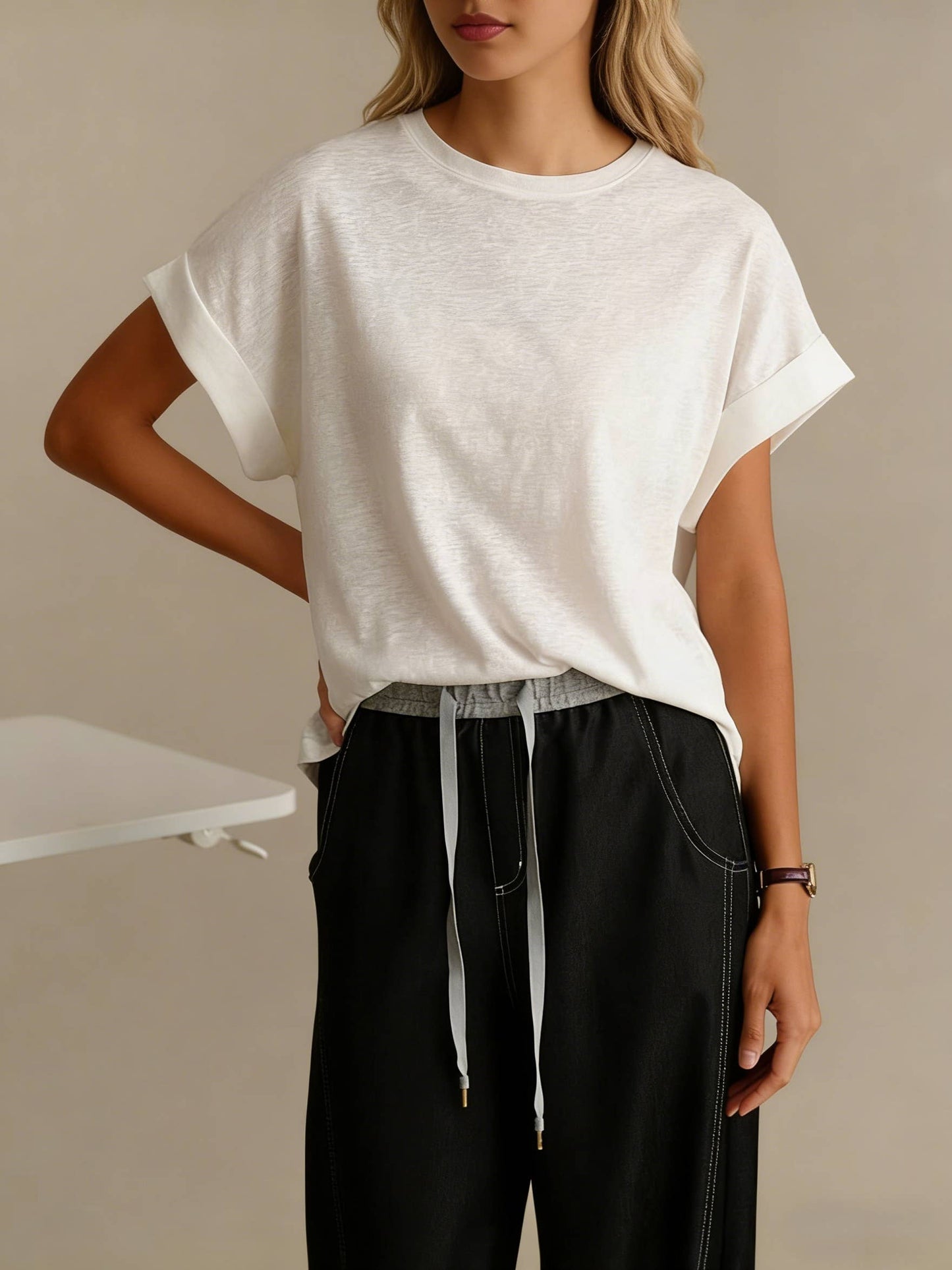 White Natural Core cotton linen blend tee relaxed fit crew - 146415