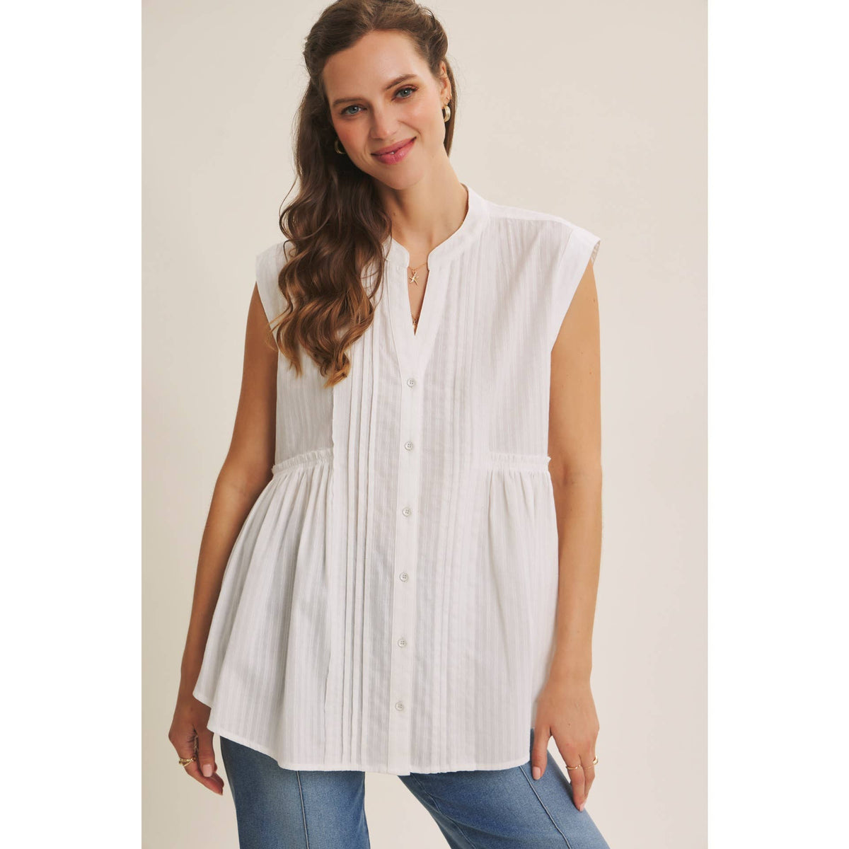 White Cotton Pleated Button Down Tunic Shirt- 142947