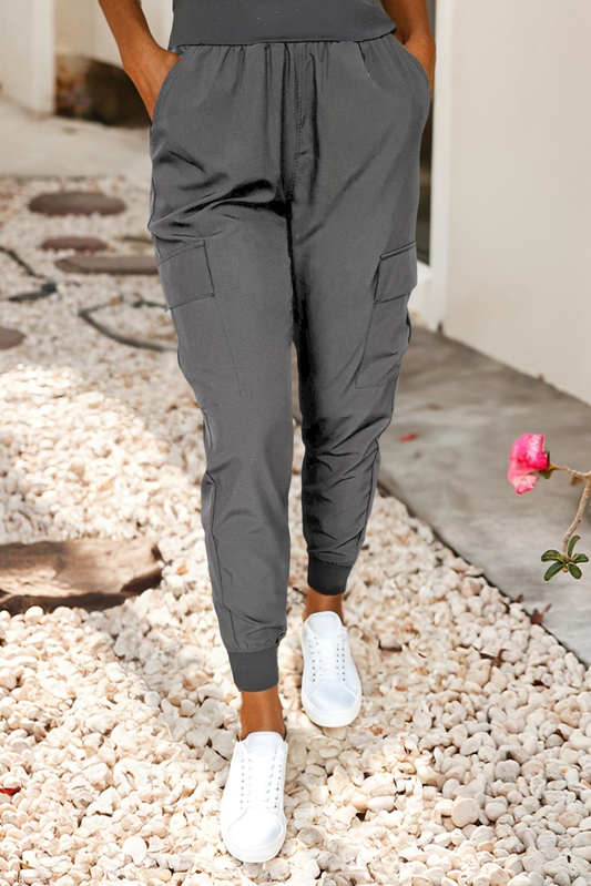 Grey Elastic High Waist Pocketed Parachute Cargo Jogger Pants