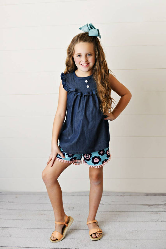 Girls Dark Denim Ruffle Top and Navy Flower Short Set-178604