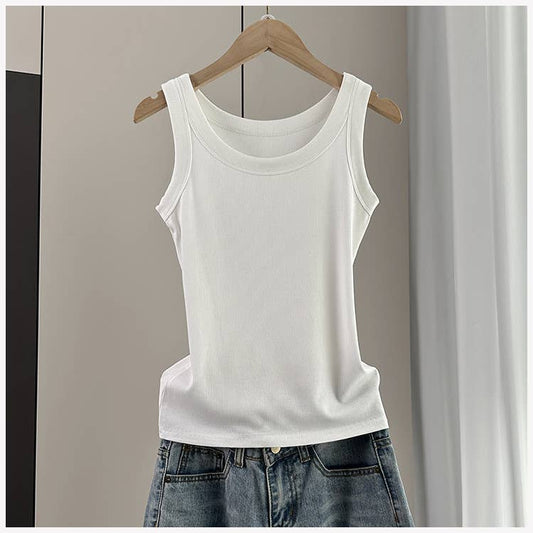 White or Black Everyday Round Neck Rib Fitted Cotton Tank Top