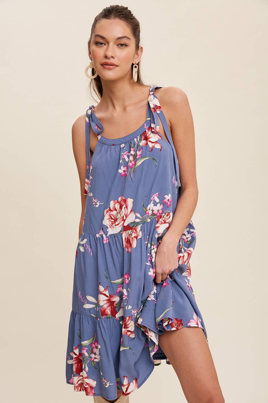 Blue Floral Tie-Shoulder Tiered Dress- 121202
