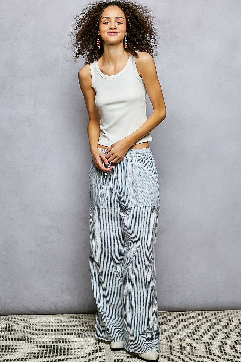 Blue Striped Big Pocket Straight Fit Pants-131018
