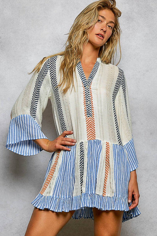Cream w/ Multi Color Woven Cotton Embroidered Dress-121717