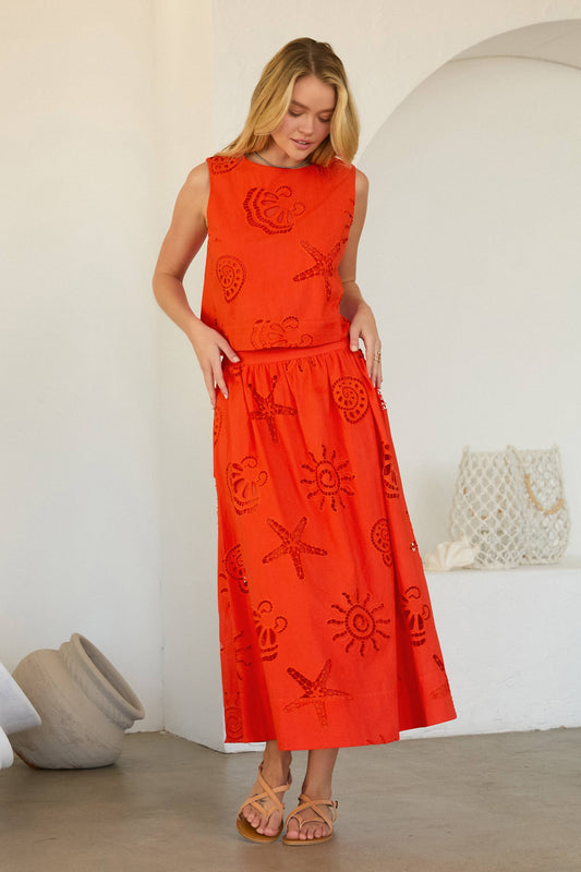 Coral Seaside Embroidered Eyelet Sleeveless Top-147469