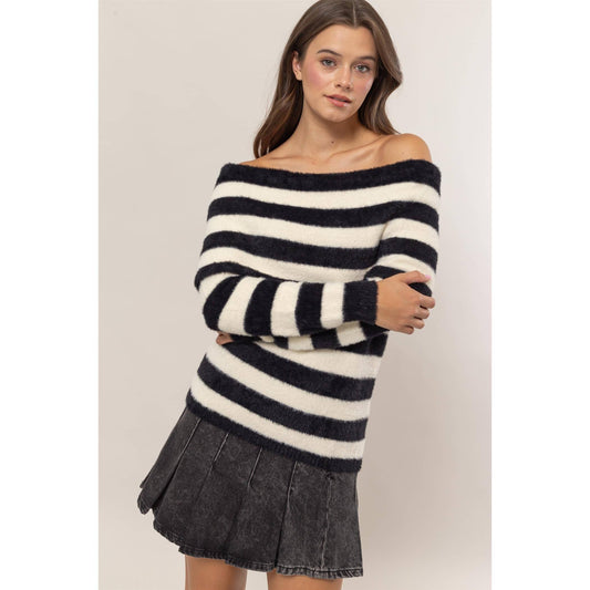 Black & White Cashmere Like Striped Off-Shoulder Sweater