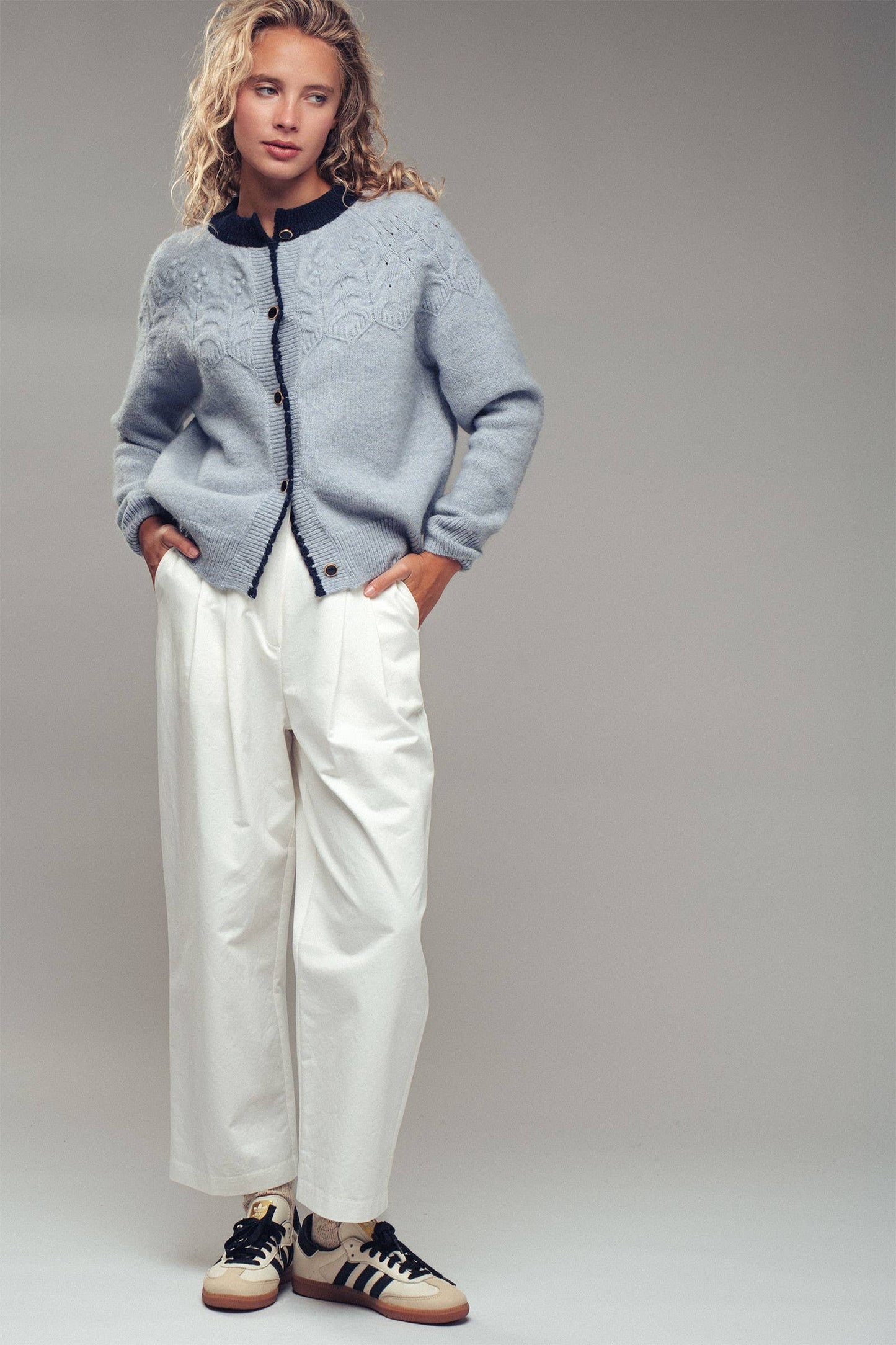 Light Blue w/ Navy Detail and Accent Buttons Cardigan Sweater