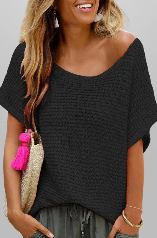 Black Relaxed Short Sleeve Knit Top-141295