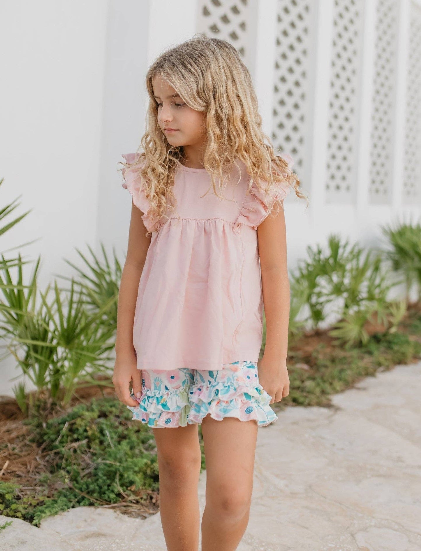 Girls Blush Ruffle Top and Floral Ruffle Short Set-171538