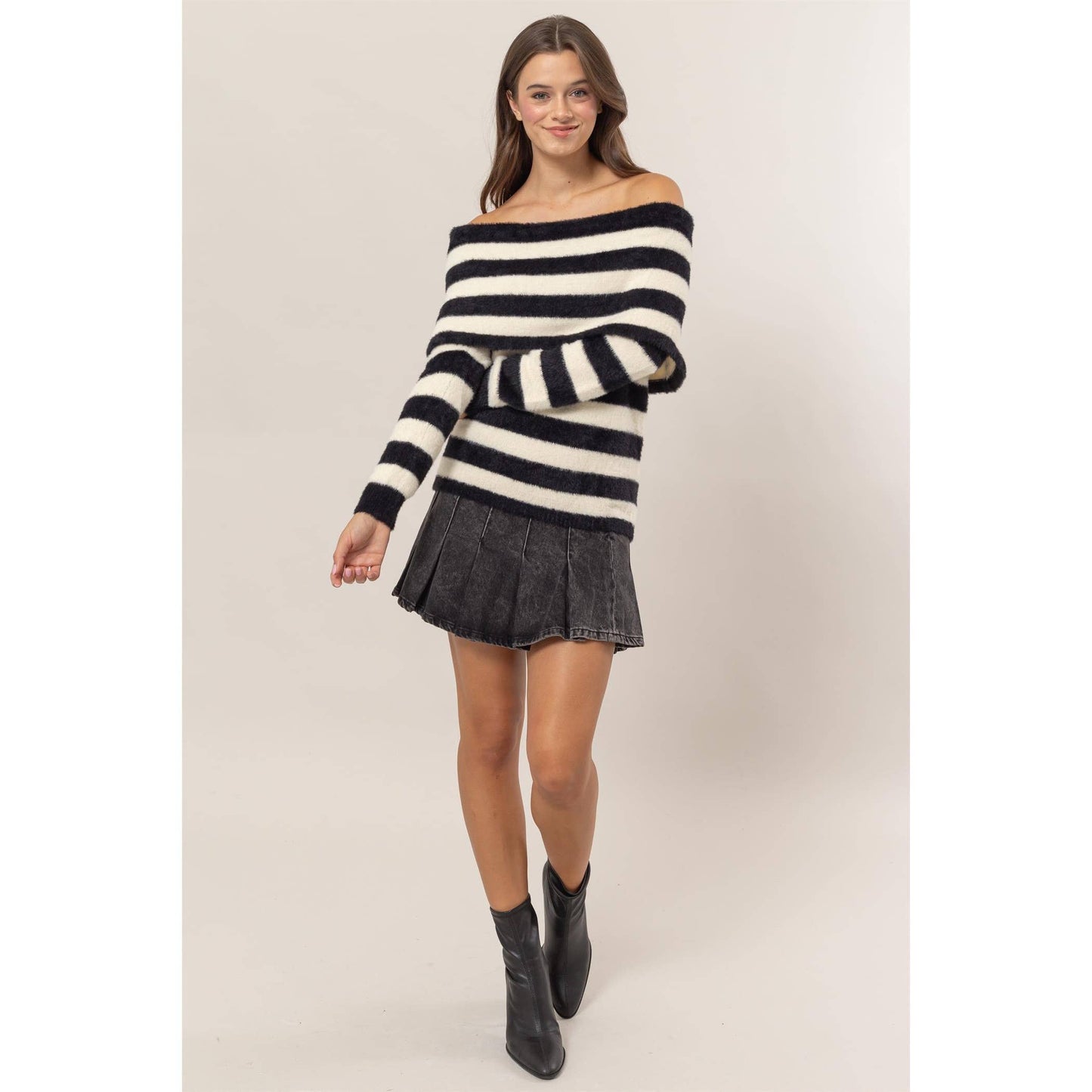 Black & White Cashmere Like Striped Off-Shoulder Sweater