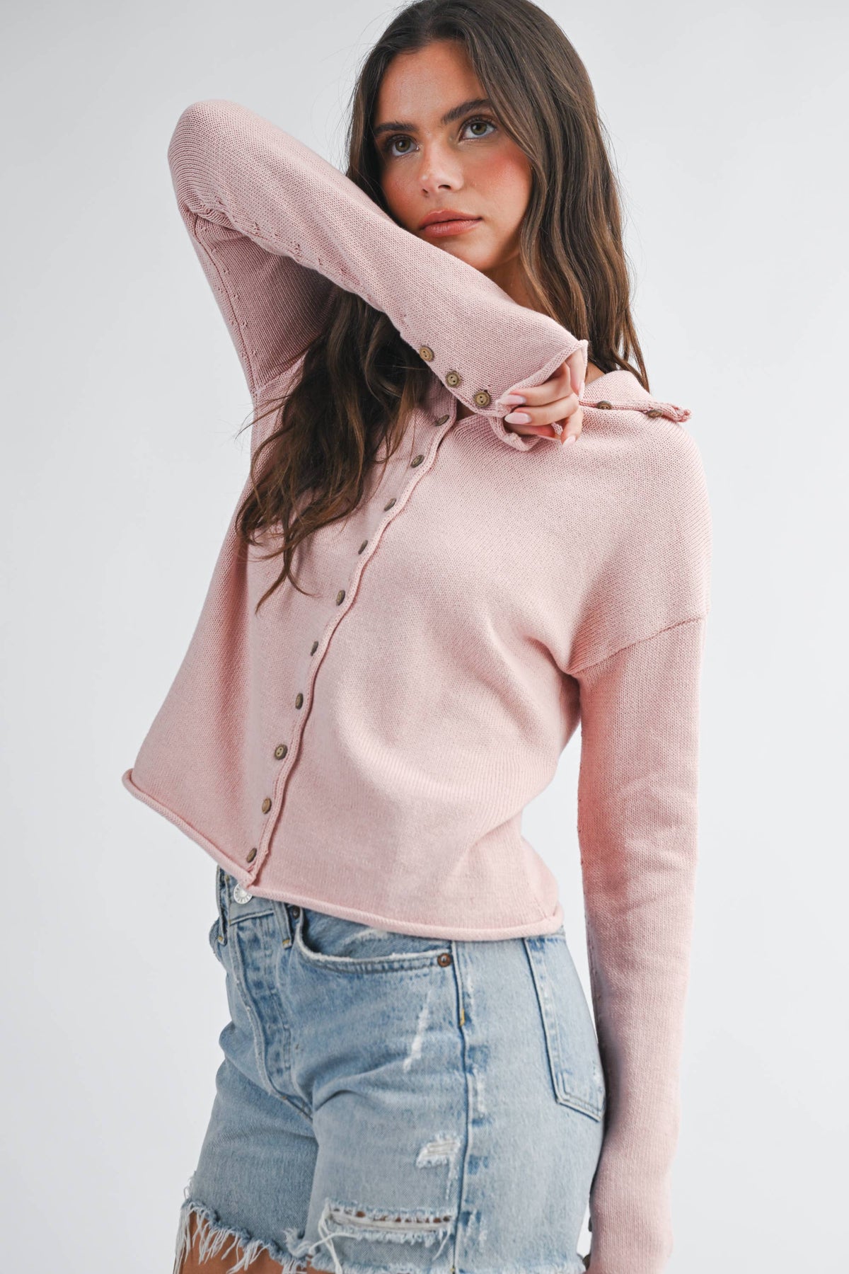 Soft Pink Button Front Knit Cardigan-152211
