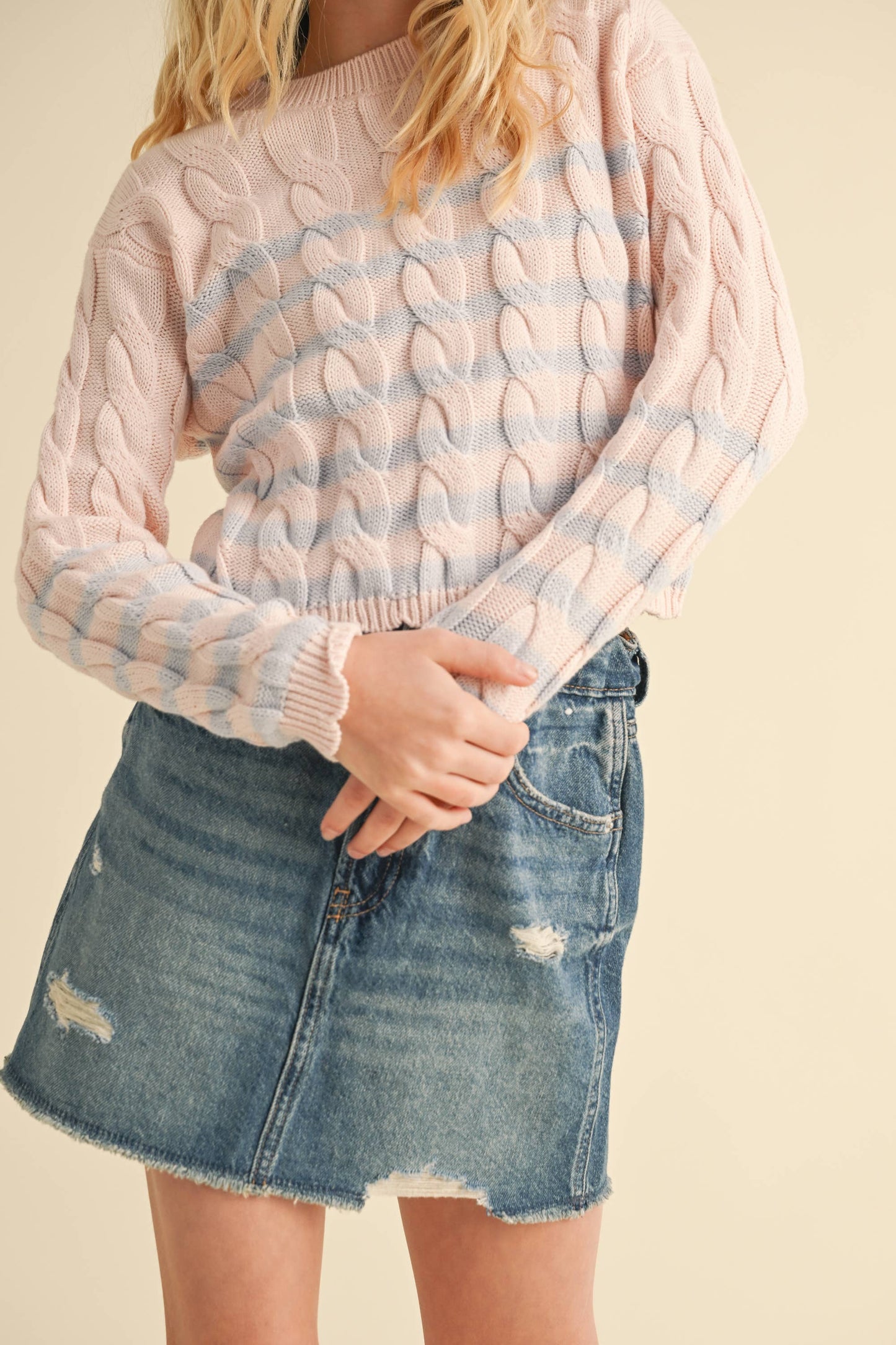 Blush and Blue Cable Knit Boxy Sweater