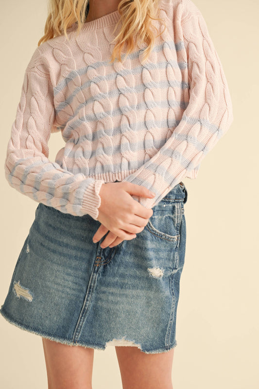 Blush and Blue Cable Knit Boxy Sweater