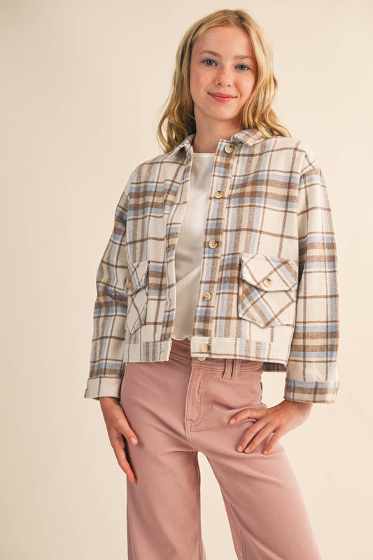 Tween Blue/Brown Wool Plaid Shacket