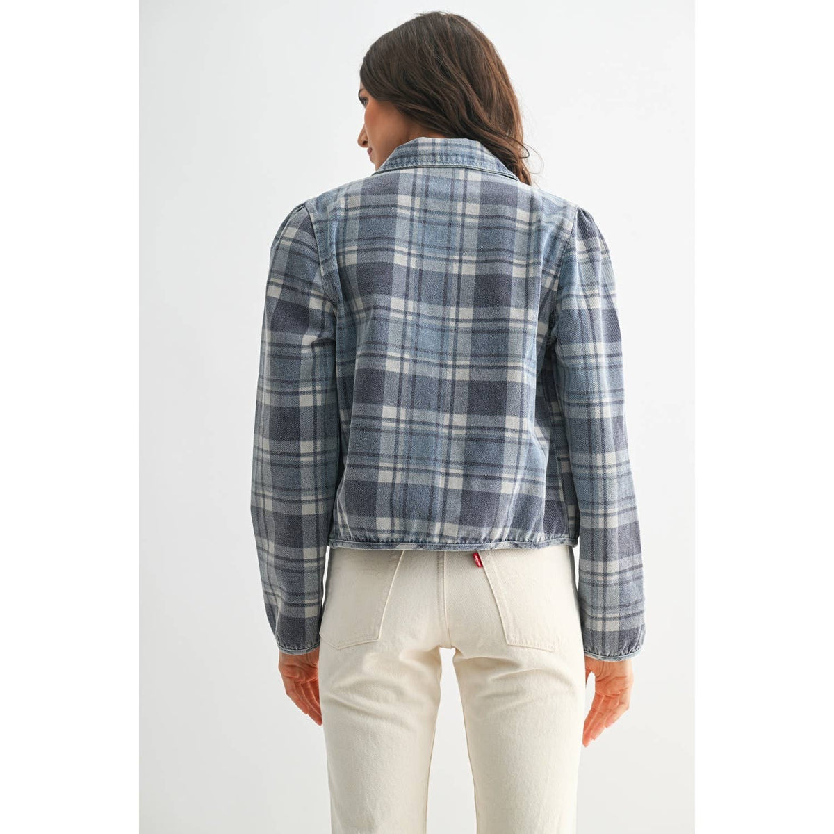 Blue Wash Denim Plaid Button-Front Jacket - 166324