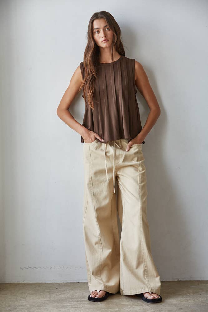 Chocolate Round Neck Jersey Knit Sleeveless Top-149117