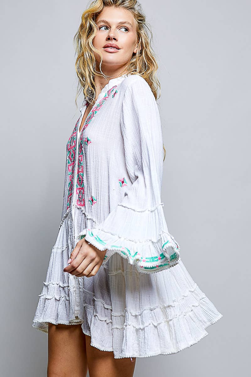 Ivory Embroidered Gauze Ruffle Button Down Dress-124040