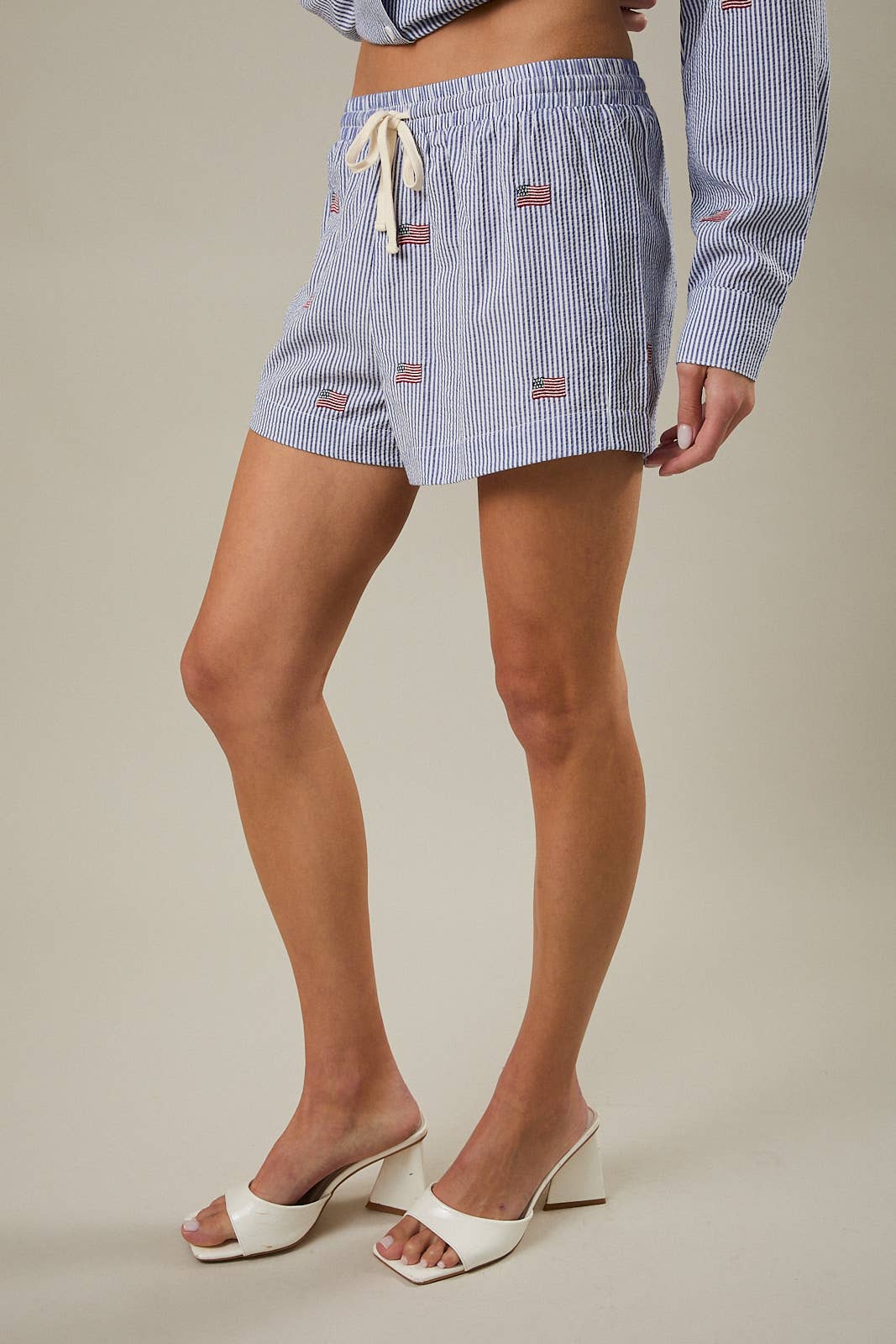 Navy and White Stripe Shorts w/ Embroidered American Flags-118857