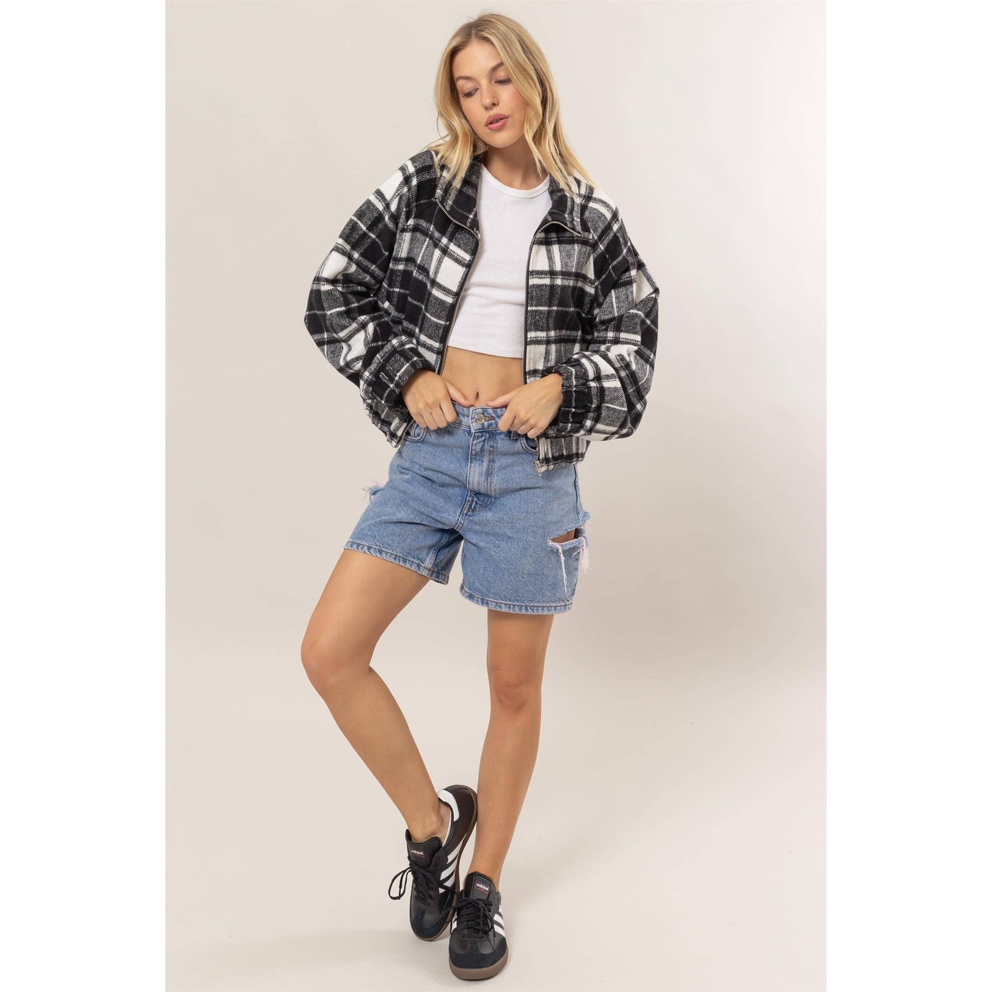Soft Flannel Black Plaid Zip-Up  Moto Jacket