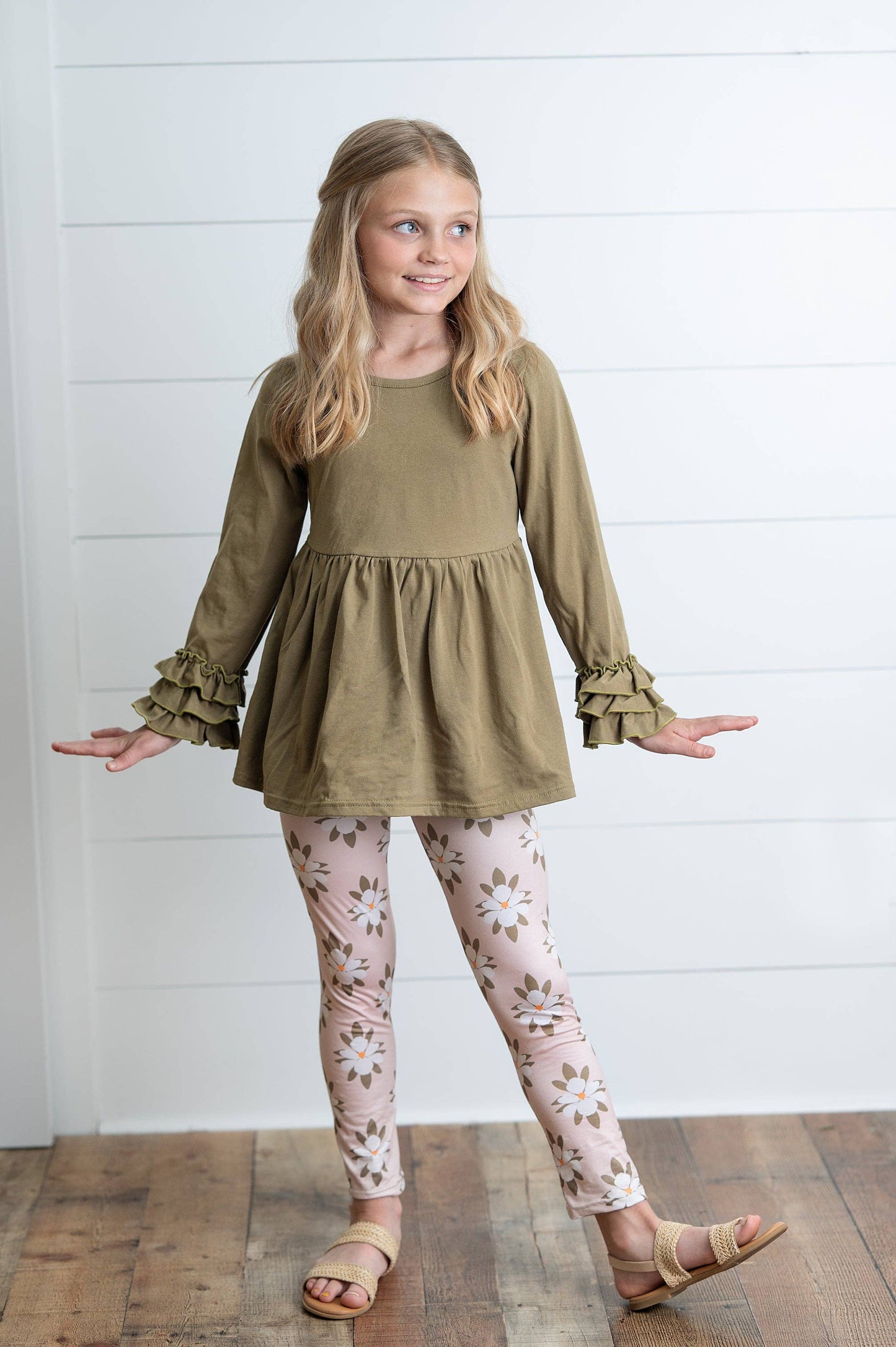 Sage Green 3 Ruffles Cotton Shirt & Floral Leggings Set