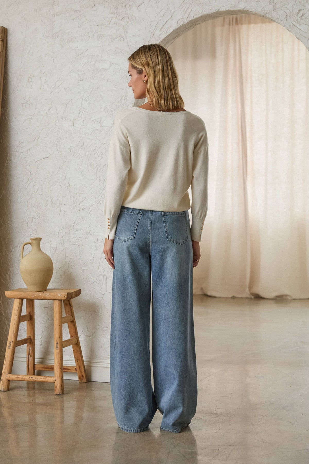 Washed Denim Pants w/ Faux Suede Side Line Detail-135518
