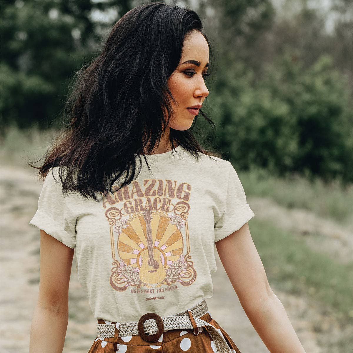 Oatmeal Heather 'Amazing Grace Guitar' Womens T-Shirt-104399