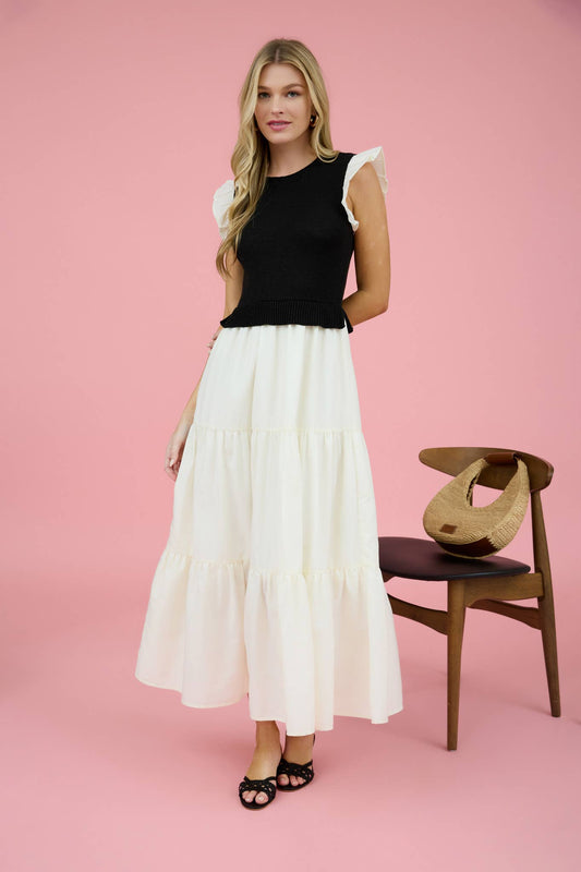 Black Summer Knit Ruffled Cap Sleeve Vest Lined Maxi Dress