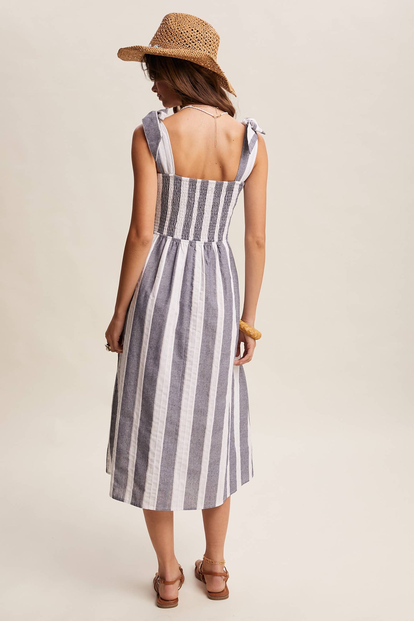 Blue and White Striped Denim Midi Dress-121051