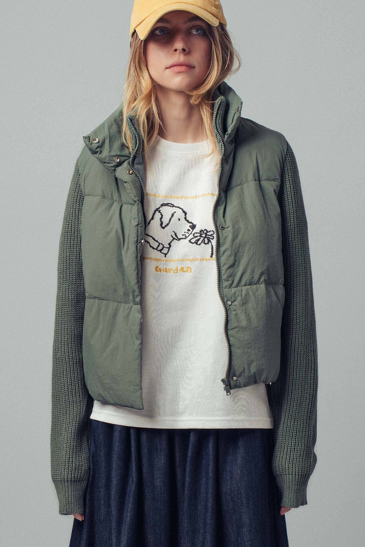 Olive Sweater Knit Sleeves Light Puffer Zipper / Snap Jacket