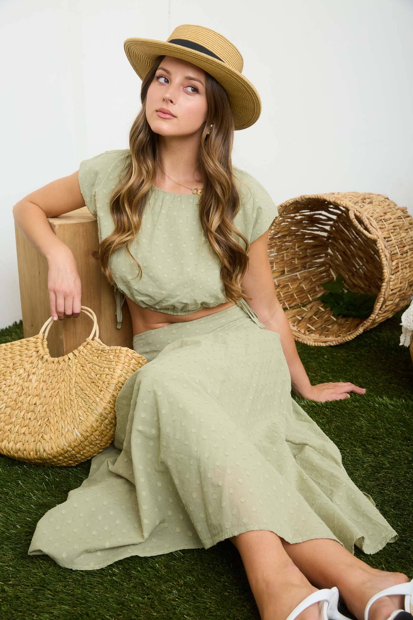 Jade Green Dot Textured Midi Skirt- 131005