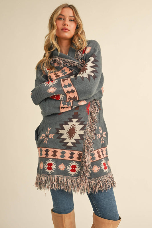 Aztec Print Fringed Knitted Long Cardigan