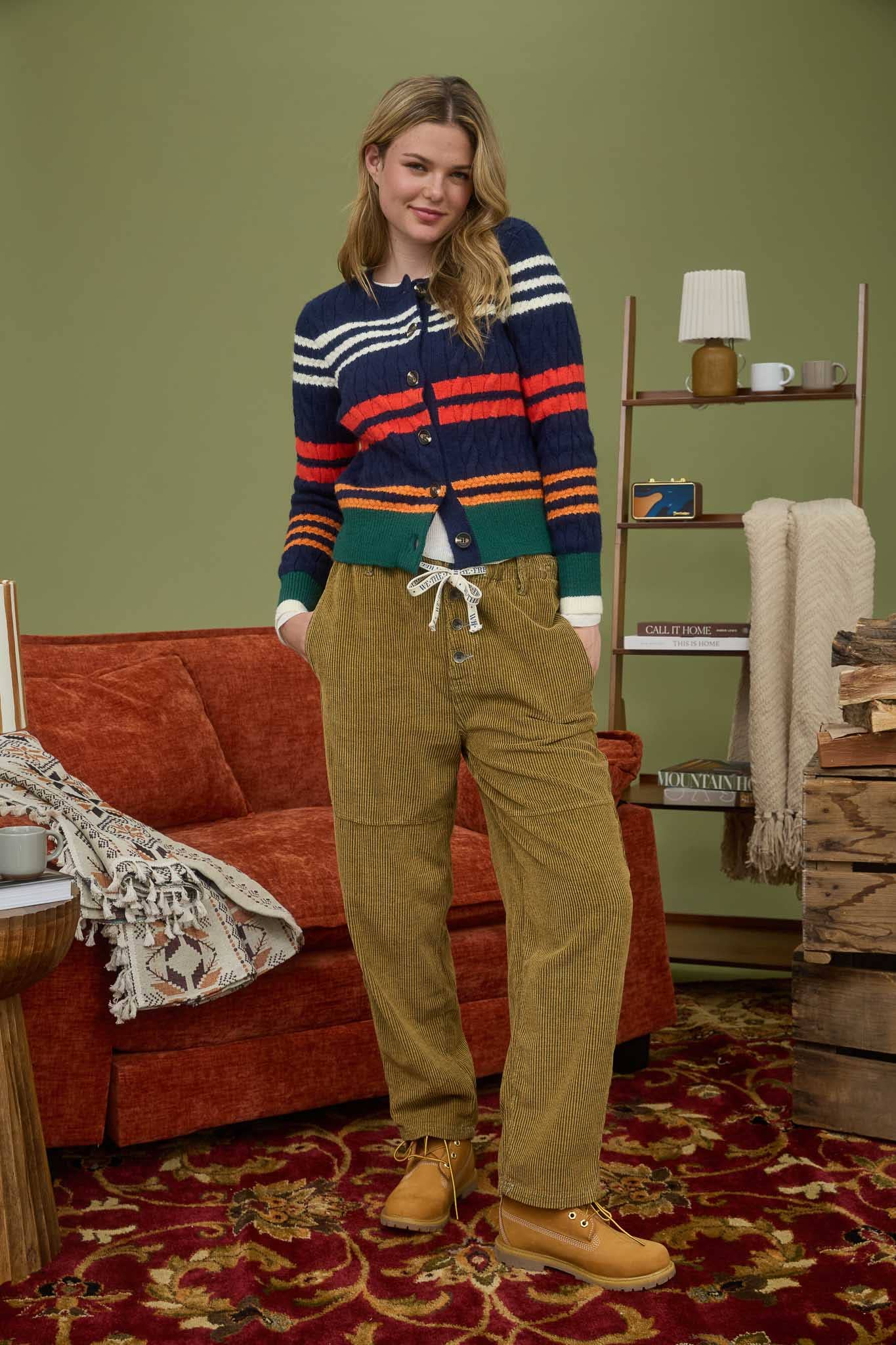 Festive Color Stripe Cable Knit Button Cardigan