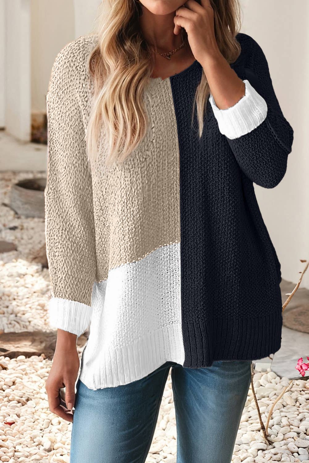 Black Color Block Knit V Neck Loose Sweater